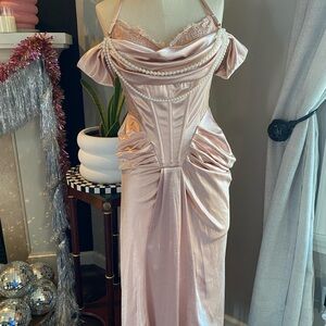 Elegant Pink Satin Gown with Pearl Details by Lace Made